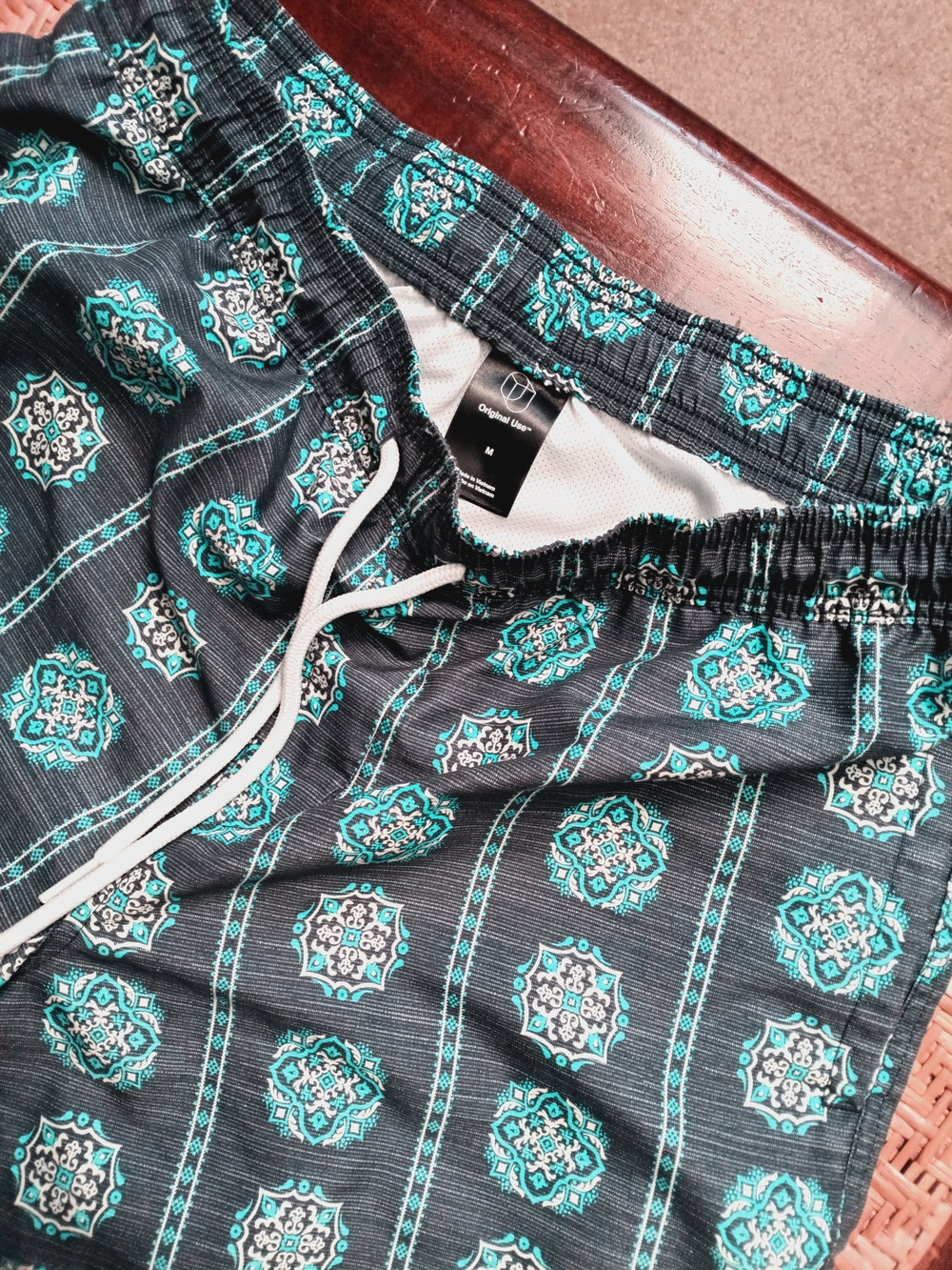 Men's Black & Teal Patterned Swim Shorts